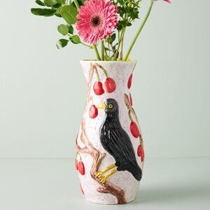 Anthropologie Nathalie Lete Lilac Bird and Cherries Vase